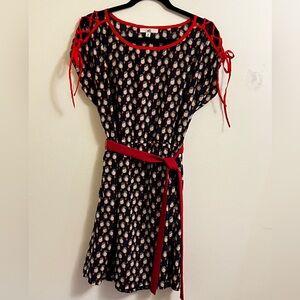 Ya Los Angeles Navy Red Dress Bird Pattern Lined Tie Waist Shoulder Ties Medium